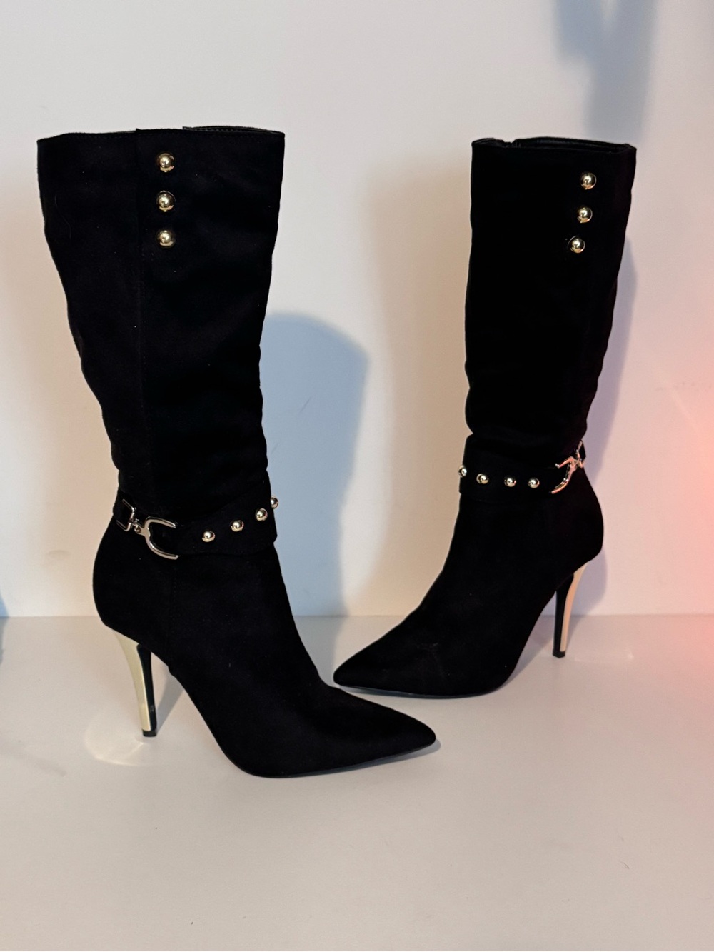 VENUS Black Knee-High Stiletto Boots with Studded Strap